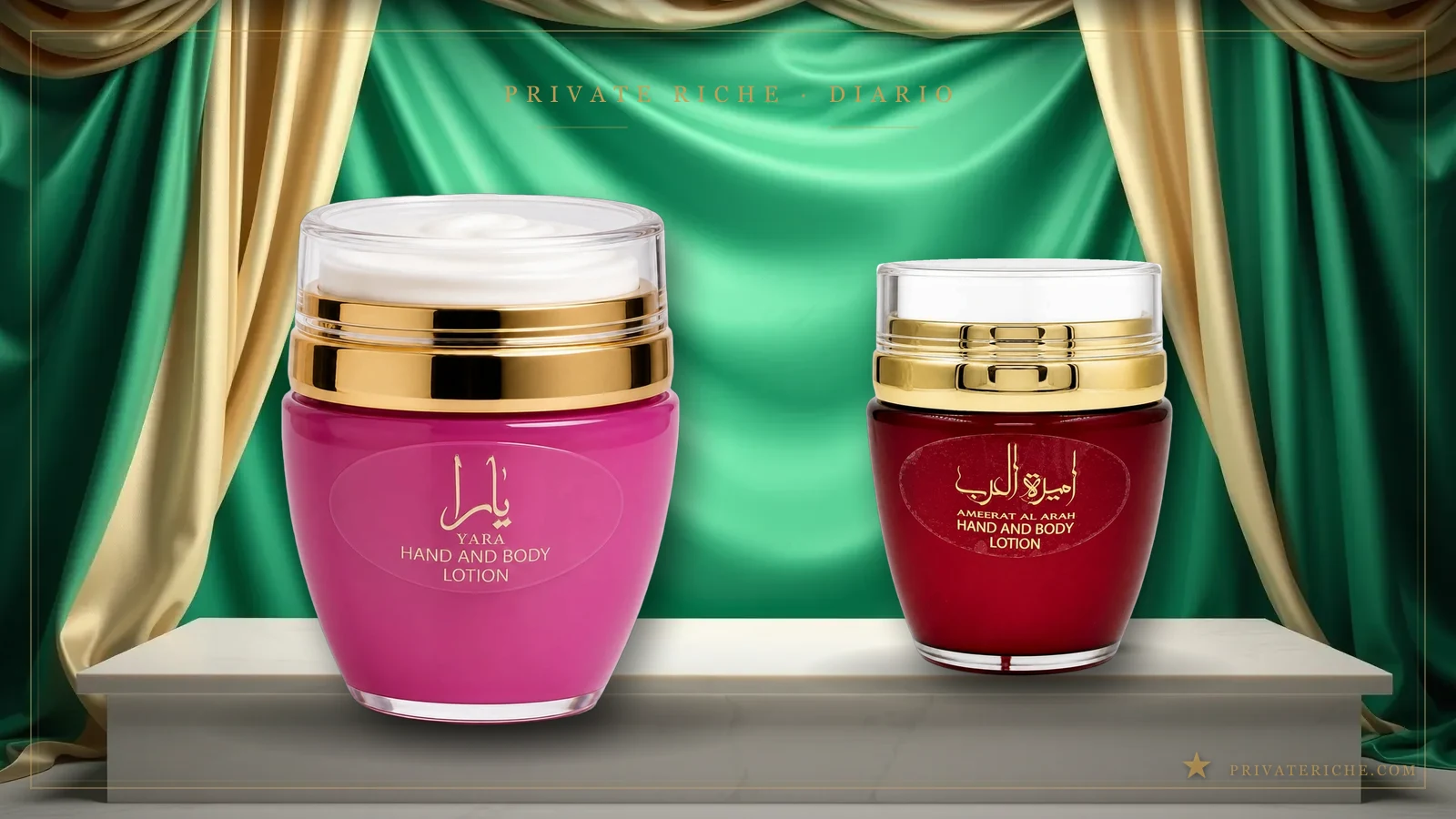 Las cremas árabes perfumadas Yara, de Lattafa, y Ameerat Al Arab, de Asdaaf, sobre fondo verde de marca con motivo de estrella dorada