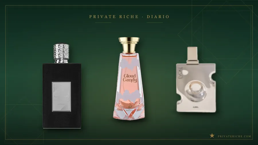 Asdaaf Ameer Al Arab, Khadlaj Cloud Candy y Ajmal Evoke Gold Edition sobre fondo verde de marca, tres perfumes árabes para el Cyber Monday 2026