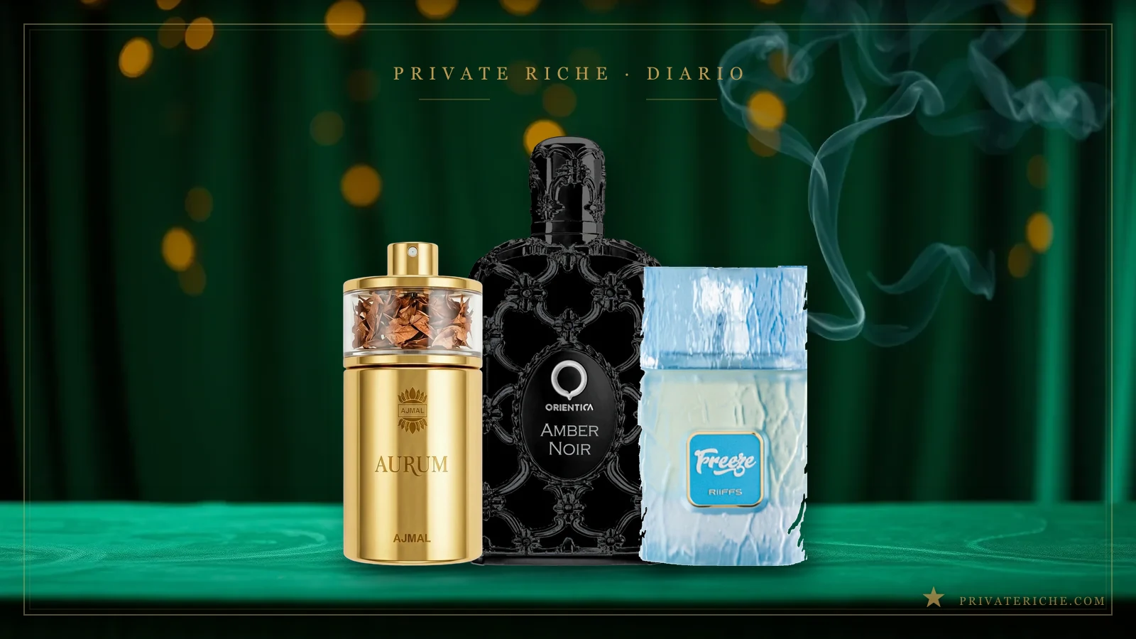 Aurum de Ajmal, Amber Noir de Orientica y Freeze de Riiffs, tres perfumes árabes de casas distintas juntos sobre una mesa verde