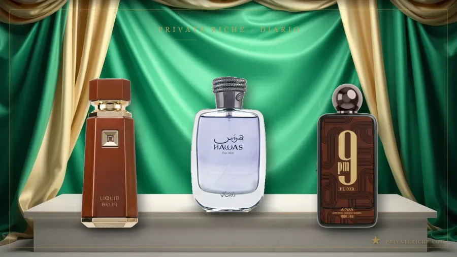 Varios frascos de perfume árabe de distintas marcas y concentraciones sobre fondo verde y dorado de Private Riche