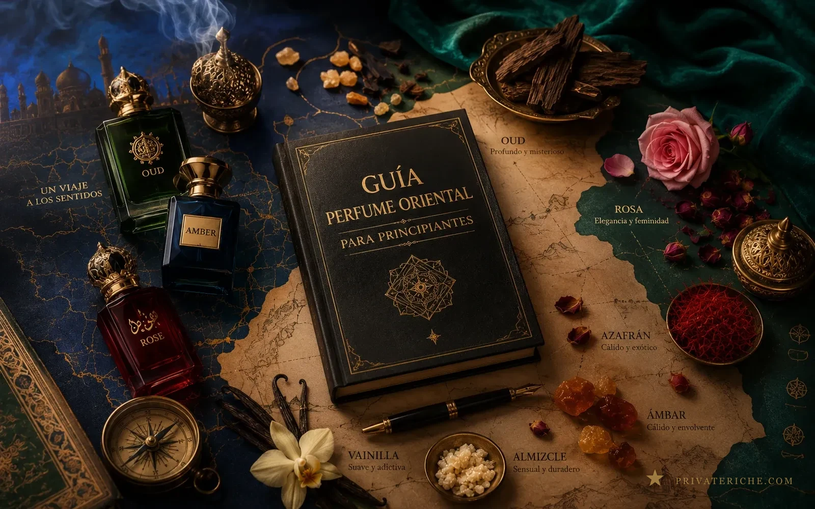 Mapa de las familias olfativas del perfume oriental —oud, rosa, azafrán, ámbar, almizcle y vainilla— alrededor del libro Guía de Perfume Oriental para Principiantes