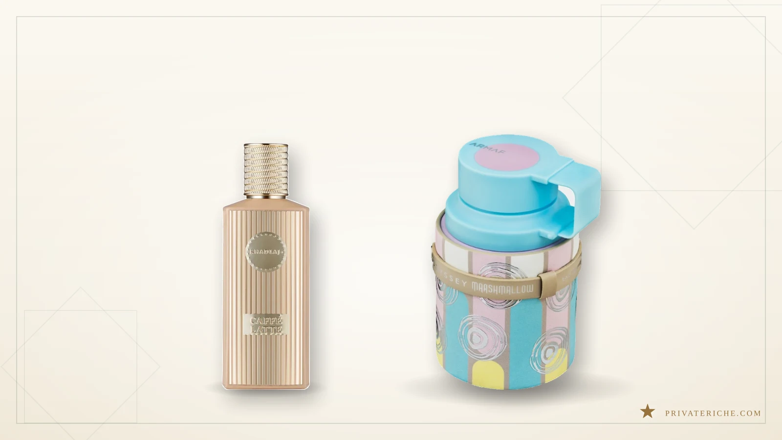 Perfumes Khadlaj Caffe Latte y Armaf Odyssey Marshmallow sobre fondo crema, dos gourmand parecidos a Creme of Clouds