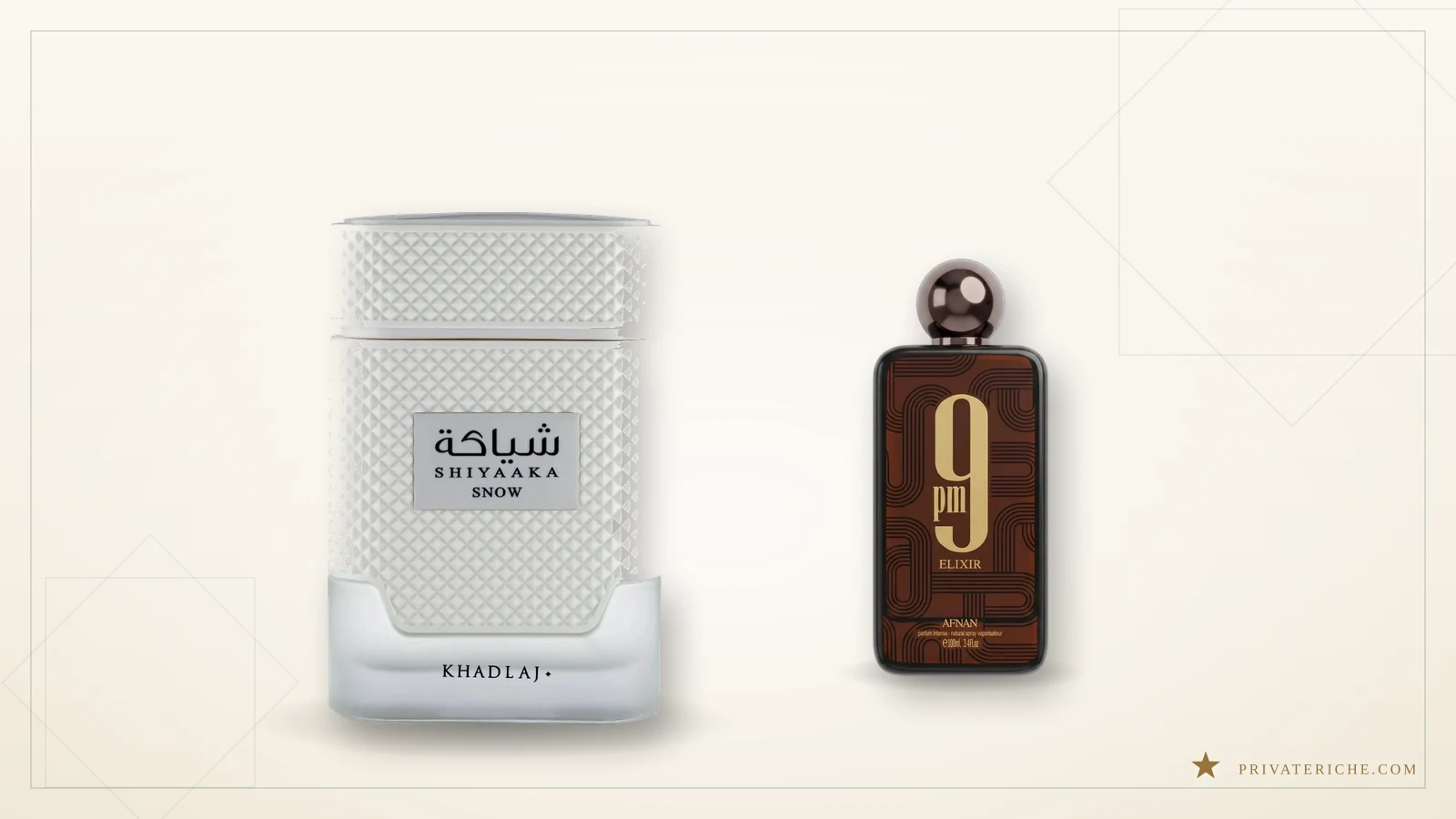 Perfumes Khadlaj Shiyaaka Snow y Afnan 9PM Elixir sobre fondo crema, dos alternativas especiadas y amaderadas a Spectre Ghost