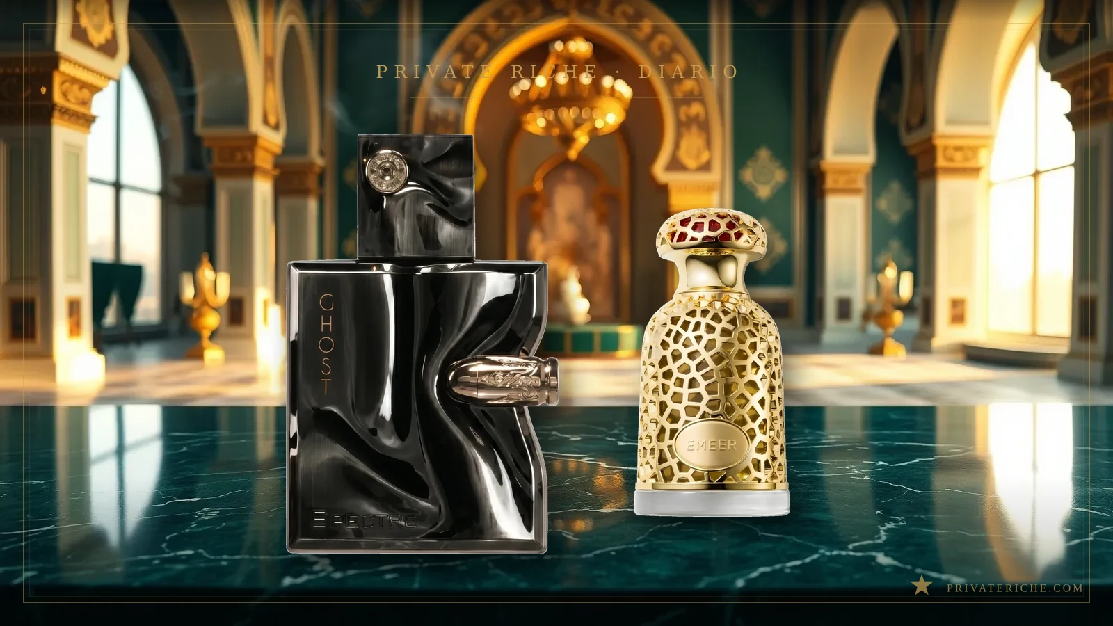 Frascos de French Avenue Spectre Ghost y Lattafa Emeer sobre una encimera de mármol verde en un salón de arcos dorados, dos perfumes árabes especiados y amaderados para hombre