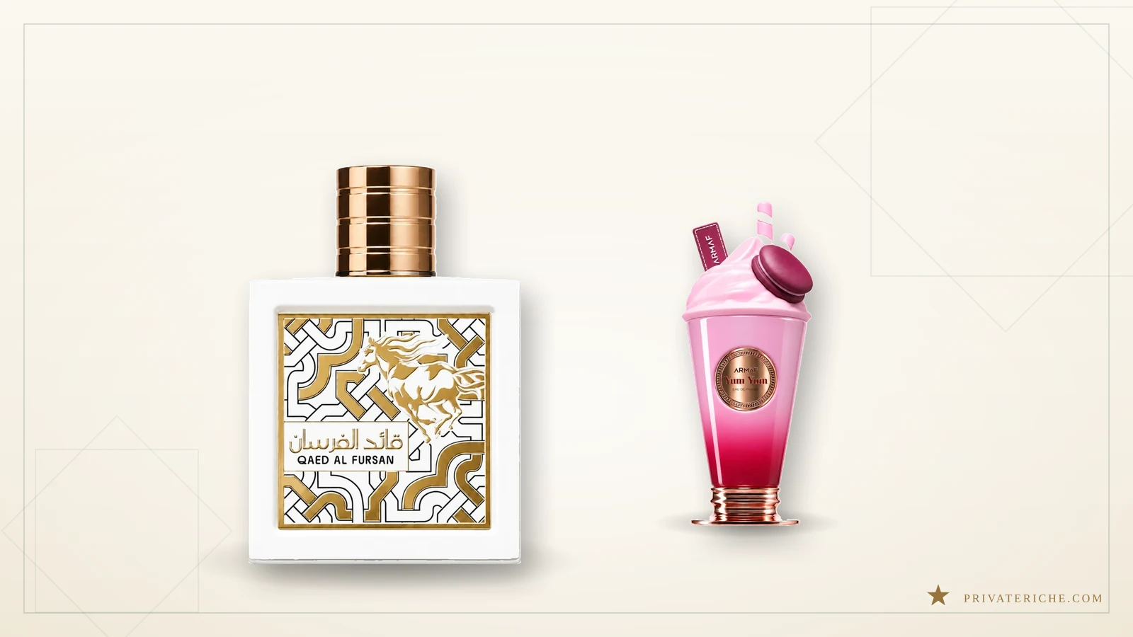 Perfumes Lattafa Qaed Al Fursan Unlimited y Armaf Yum Yum sobre fondo crema, dos alternativas de coco, vainilla y flores blancas a Veneno Bianco de French Avenue