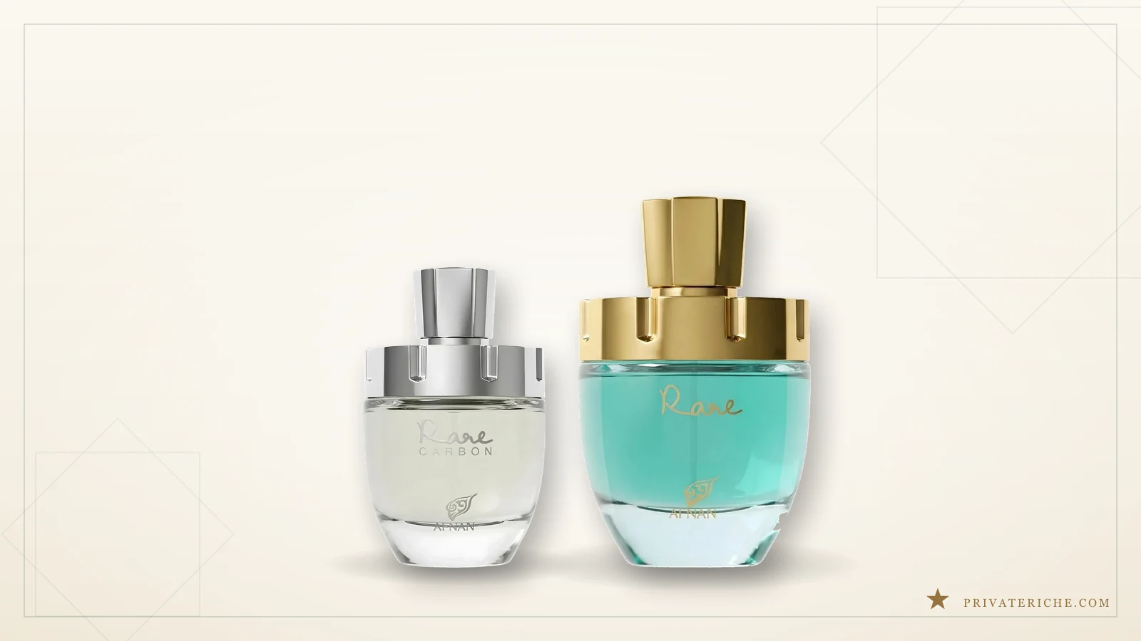 Afnan Rare Carbon y Afnan Rare Tiffany, la pareja masculina y femenina de la línea Rare