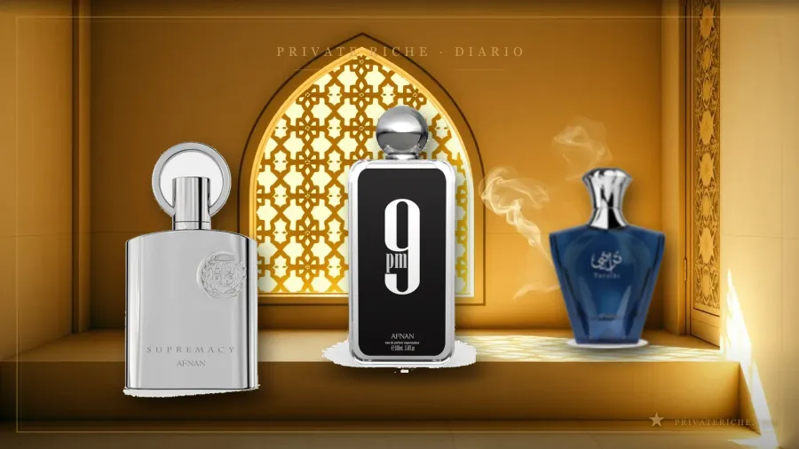 Guía Afnan 2026: los frascos de Supremacy Silver, 9pm y Turathi Blue sobre un fondo de identidad de marca