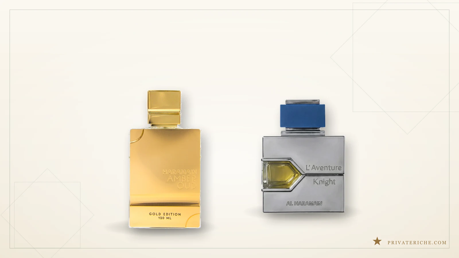 Al Haramain Amber Oud Gold Edition y L'Aventure Knight, dos perfumes con perfiles opuestos: uno dulce y dorado, el otro fresco y metálico