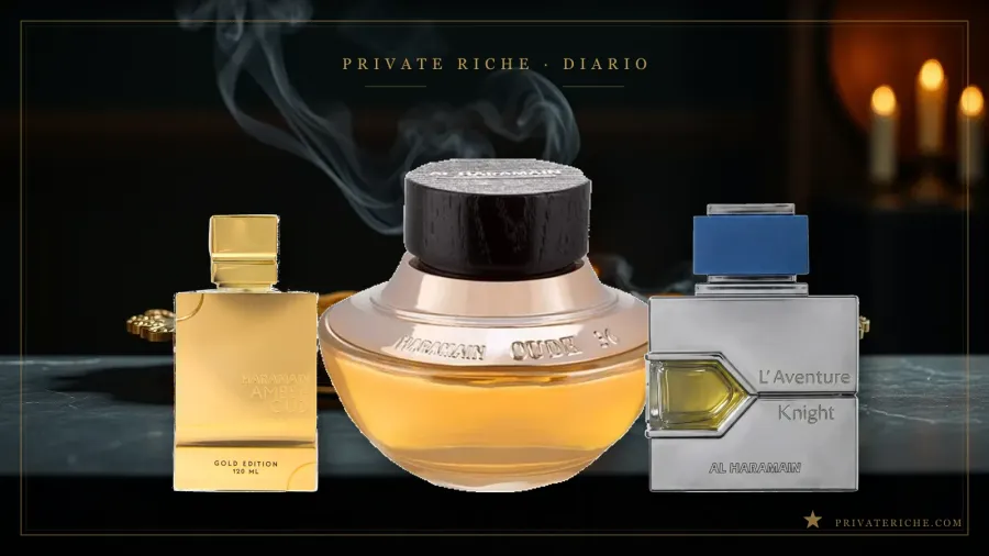 Guía Al Haramain 2026: Amber Oud Gold Edition, Oudh 36 y L'Aventure Knight, tres de los perfumes más reconocibles de la marca, sobre un fondo oscuro de mármol con velas encendidas