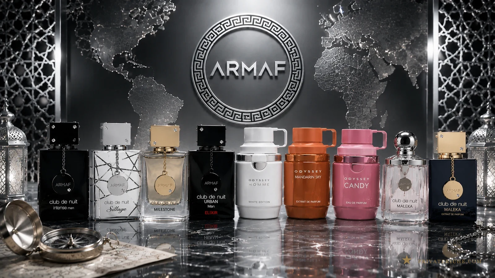 Guía Armaf 2026: logotipo de la marca junto a Club de Nuit Intense Man, Sillage, Milestone, Urban Man Elixir, Odyssey Homme, Odyssey Mandarin Sky, Odyssey Candy y Club de Nuit Maleka