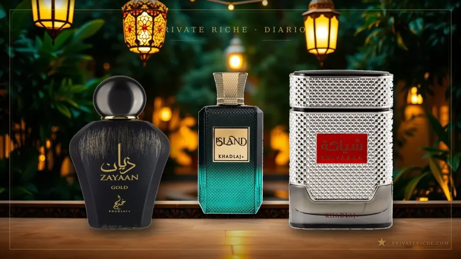 Guía Khadlaj 2026: Zayaan Gold, Island y Shiyaaka For Men, tres de los perfumes imprescindibles de la marca emiratí, sobre fondo verde de marca