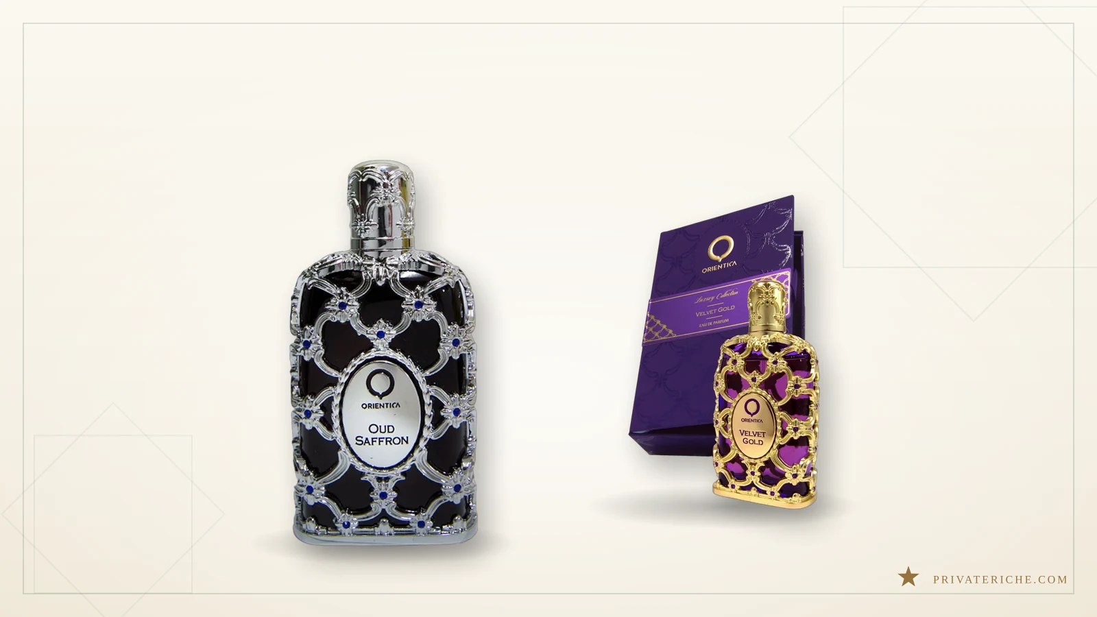 Oud Saffron y Velvet Gold de Orientica sobre fondo crema editorial