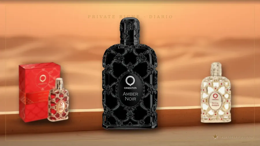 Amber Rouge, Amber Noir y Royal Amber de Orientica sobre fondo verde de marca con motivo de estrella dorada