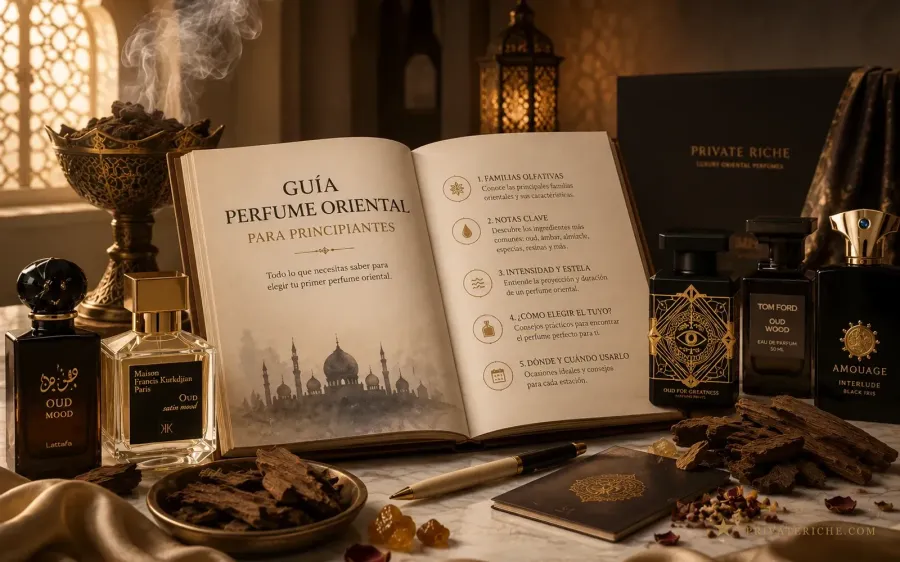Libro abierto «Guía de perfume oriental para principiantes» con los cinco pasos para elegir tu primer perfume árabe, rodeado de frascos de oud, un quemador de bakhoor y una caja de Private Riche