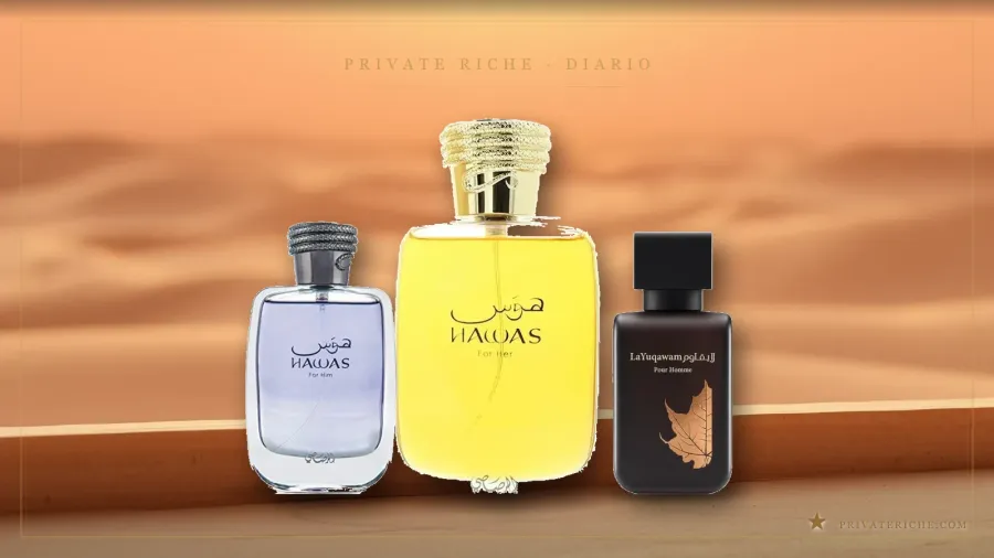 Guía Rasasi 2026: Hawas, Hawas for Her y La Yuqawam, tres de los perfumes imprescindibles de la casa emiratí sobre fondo verde de marca