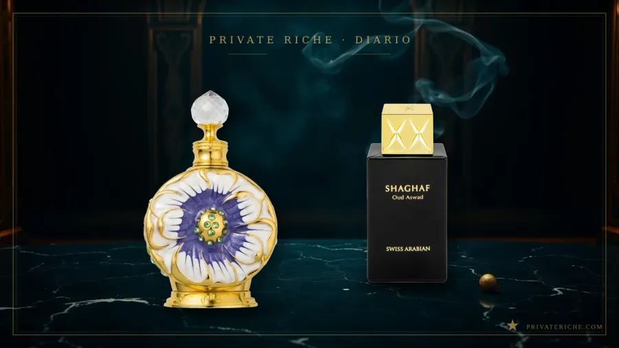 Swiss Arabian Layali y Shaghaf Oud Aswad, dos de los cinco perfumes de la marca emiratí, sobre fondo verde de identidad de Private Riche
