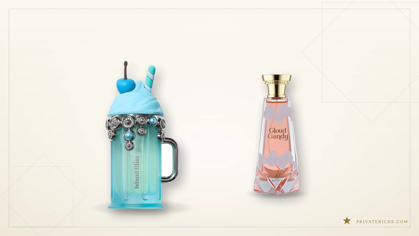Perfumes Armaf Island Bliss y Khadlaj Cloud Candy sobre fondo crema, dos gourmand de coco y vainilla parecidos a Fursan White