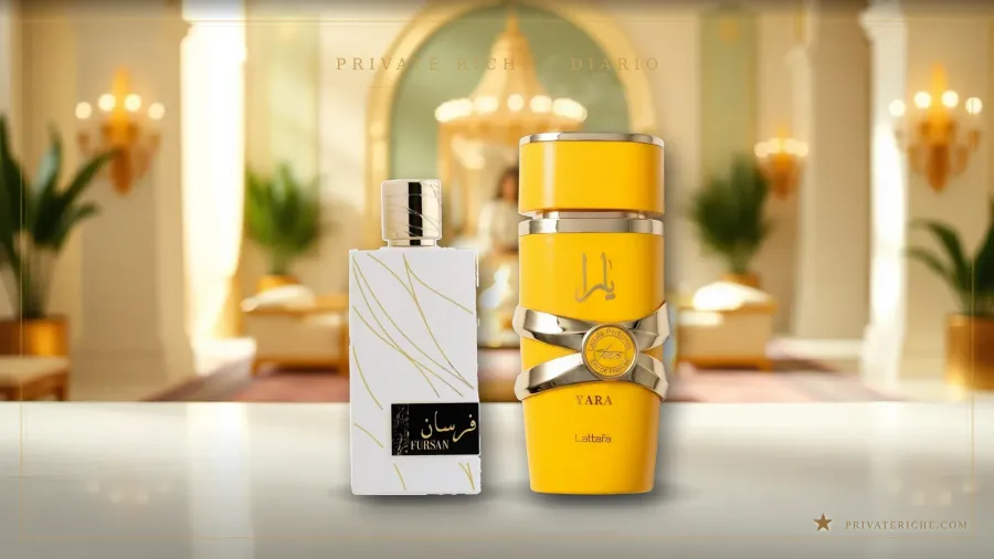Frascos de Khadlaj Fursan White y Lattafa Yara Tous sobre fondo verde de marca con motivo de estrella dorada, dos perfumes gourmand de coco y vainilla