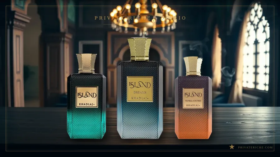 Khadlaj Island, Island Dreams y Island Vanilla Dunes sobre fondo verde de marca con motivo de estrella dorada