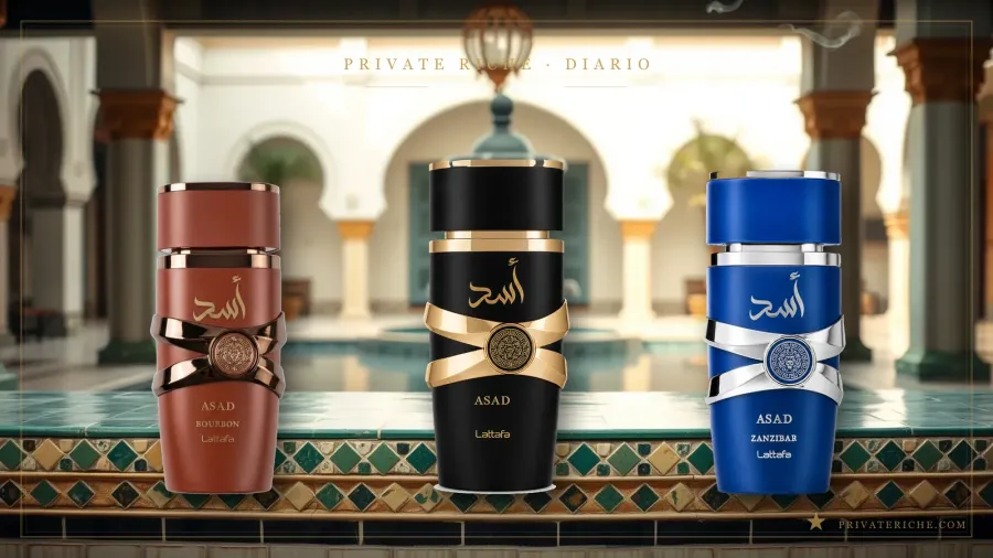 Asad, Asad Bourbon y Asad Elixir de Lattafa, tres perfumes de hombre de la línea Asad, en un salón árabe de lujo
