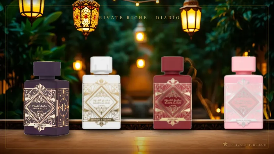 Bade'e Al Oud Amethyst, Honor & Glory, Sublime y Noble Blush de Lattafa, los cuatro perfumes de la línea, en un salón árabe de lujo