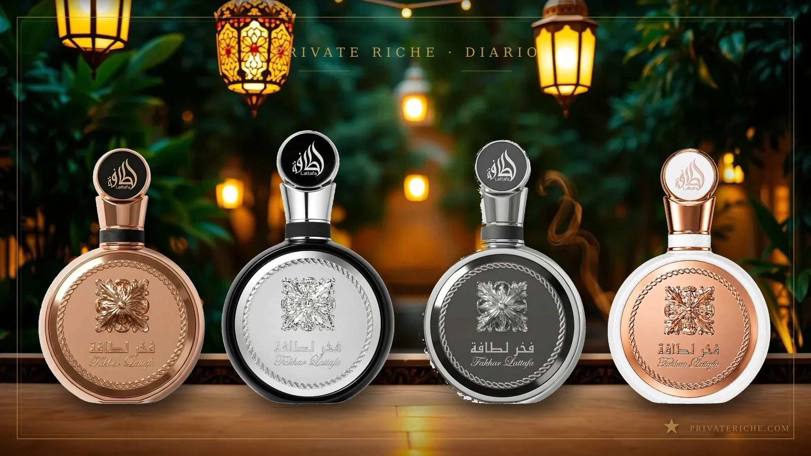 Fakhar Gold, Fakhar Silver, Fakhar Platin y Fakhar Rose de Lattafa, los cuatro perfumes de la línea, sobre fondo de madera y latón