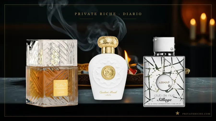 Lattafa Khamrah, Lattafa Opulent Musk y Armaf Club de Nuit Sillage, tres perfumes árabes pensados para combinar por capas, sobre fondo de marca de Private Riche