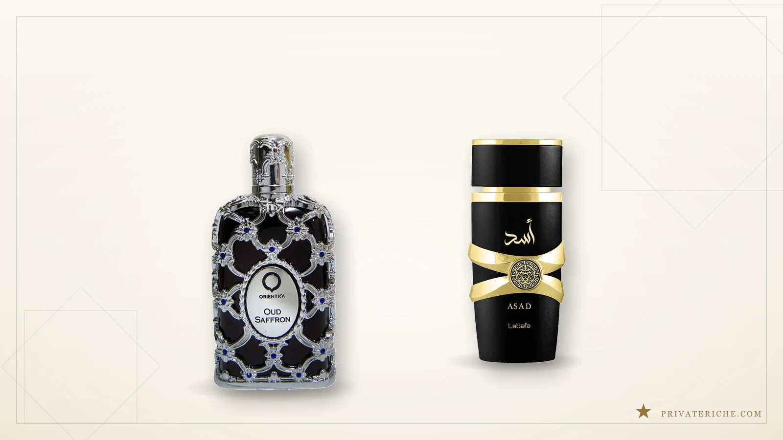 Orientica Oud Saffron y Lattafa Asad, perfume árabe de lujo y perfume árabe económico para hombre