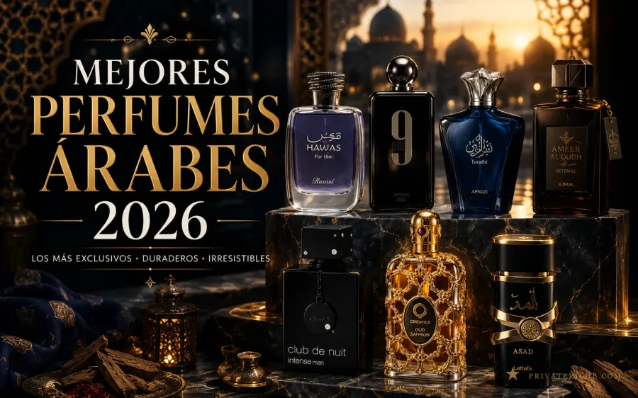 Los mejores perfumes árabes para hombre en 2026: Rasasi Hawas, Afnan 9pm, Afnan Turathi Blue, Lattafa Ameer Al Oudh Intense, Armaf Club de Nuit Intense Man, Orientica Oud Saffron y Lattafa Asad sobre fondo de arquitectura árabe al atardecer