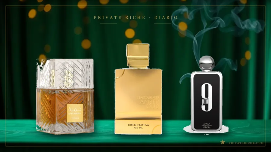 Lattafa Khamrah, Al Haramain Amber Oud Gold Edition y Afnan 9pm, tres perfumes árabes cálidos recomendados para el invierno, sobre fondo de identidad de marca