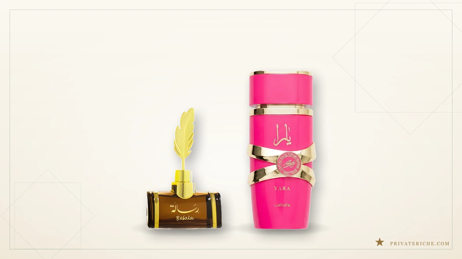 Arabian Oud Resala y Lattafa Yara Candy, perfume árabe de lujo con rosa y oud junto a perfume árabe dulce y económico para mujer