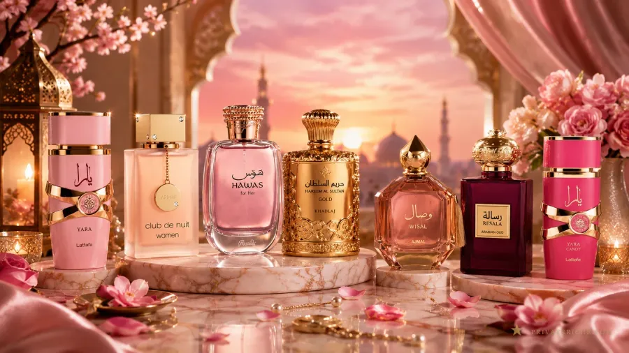 Los mejores perfumes árabes para mujer en 2026: Lattafa Yara, Armaf Club de Nuit Women, Rasasi Hawas for Her, Khadlaj Hareem Al Sultan Gold, Ajmal Wisal, Arabian Oud Resala y Lattafa Yara Candy sobre mesa de mármol con rosas, ante un arco árabe al atardecer