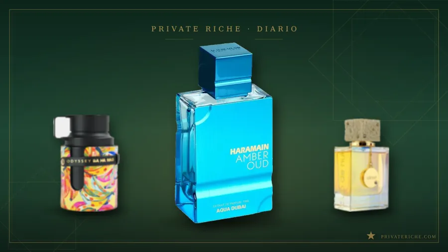 Cinco frascos de perfume árabe unisex de distinto perfil -fresco, acuático, oud, ámbar y cítrico especiado- compuestos sobre fondo de marca de Private Riche