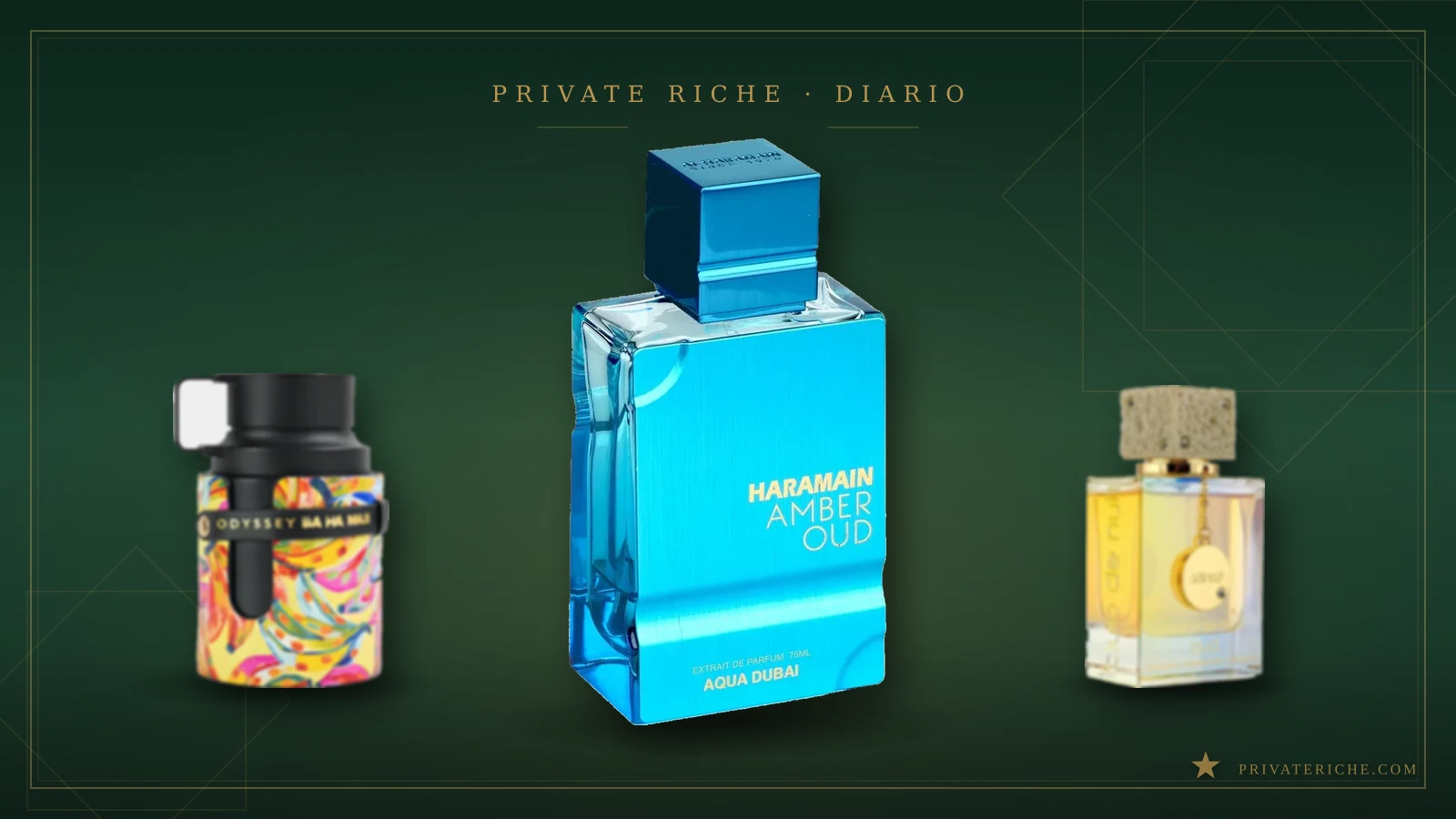 Cinco frascos de perfume árabe unisex de distinto perfil -fresco, acuático, oud, ámbar y cítrico especiado- compuestos sobre fondo de marca de Private Riche