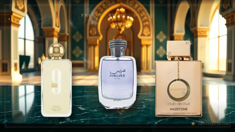Afnan 9am, Rasasi Hawas y Armaf Club de Nuit Milestone, tres perfumes árabes frescos recomendados para el verano, sobre fondo de identidad de marca