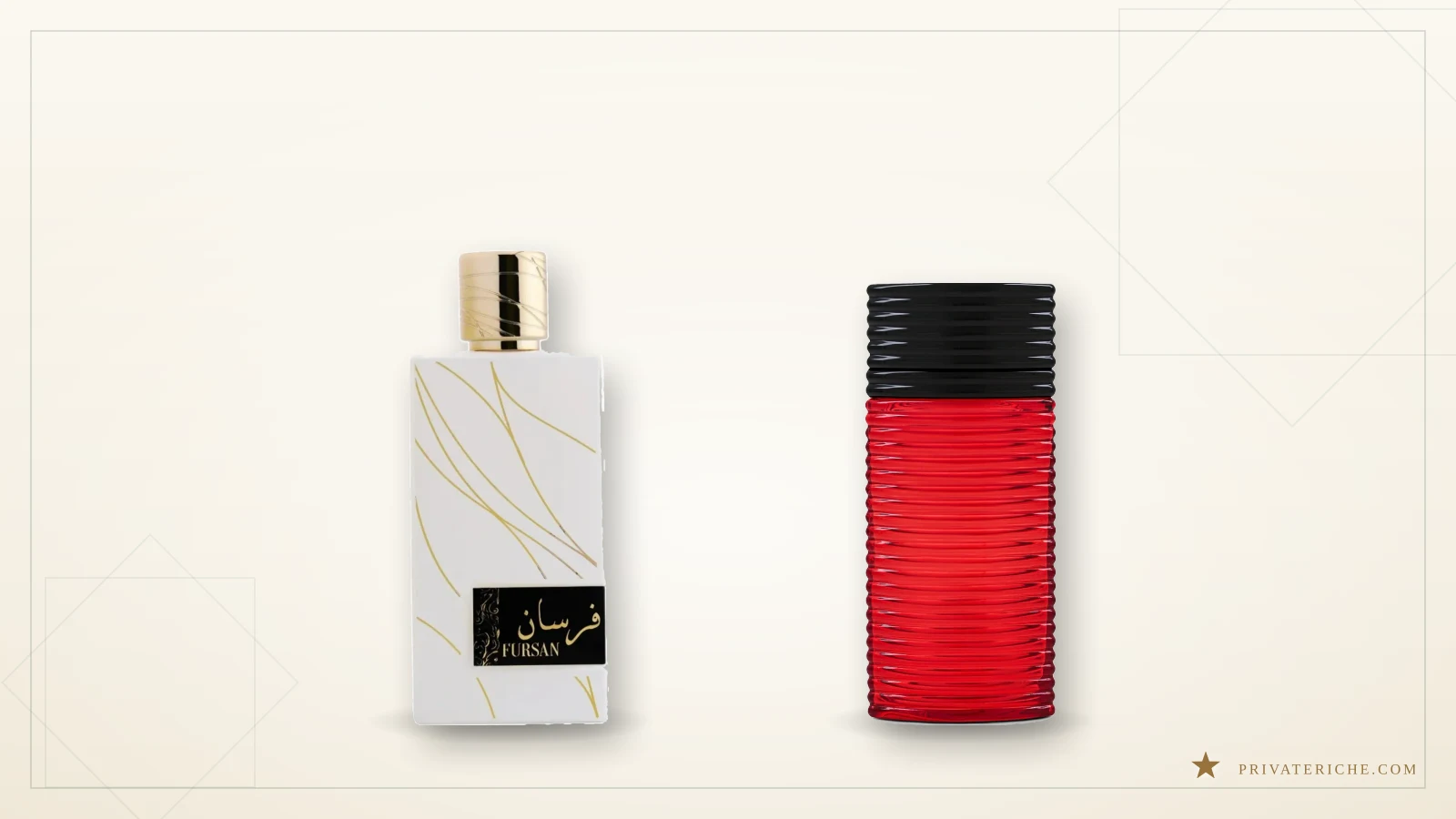 Perfumes Khadlaj Fursan White y Rasasi Egra sobre fondo crema, representando un estuche de regalo de perfume árabe