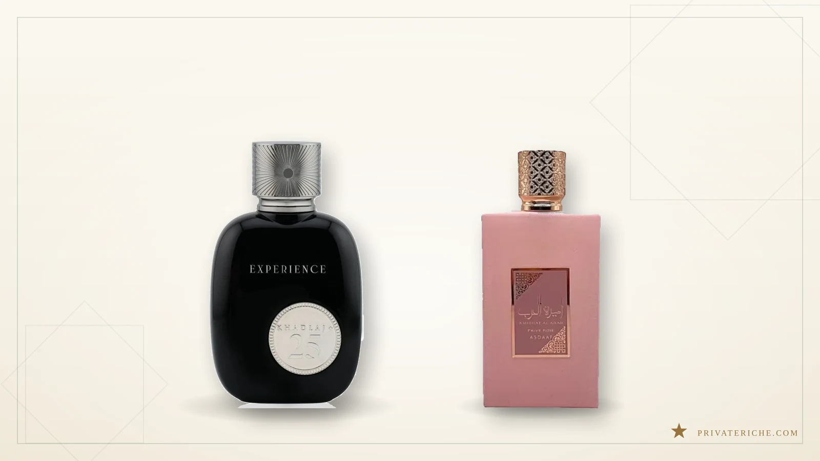 Perfumes Khadlaj 25 Experience y Asdaaf Ameerat Al Arab Prive Rose sobre fondo crema, dos frascos para montar un estuche de regalo