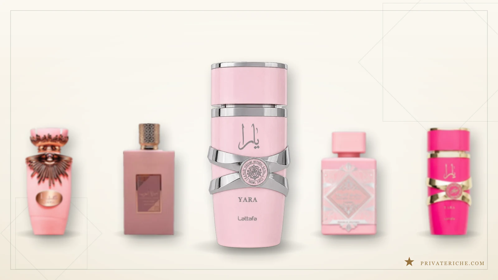 Los cinco perfumes árabes de frasco rosa: Lattafa Yara en el centro, con Haya, Asdaaf Ameerat Al Arab Privé Rose, Bade'e Al Oud Noble Blush y Yara Candy
