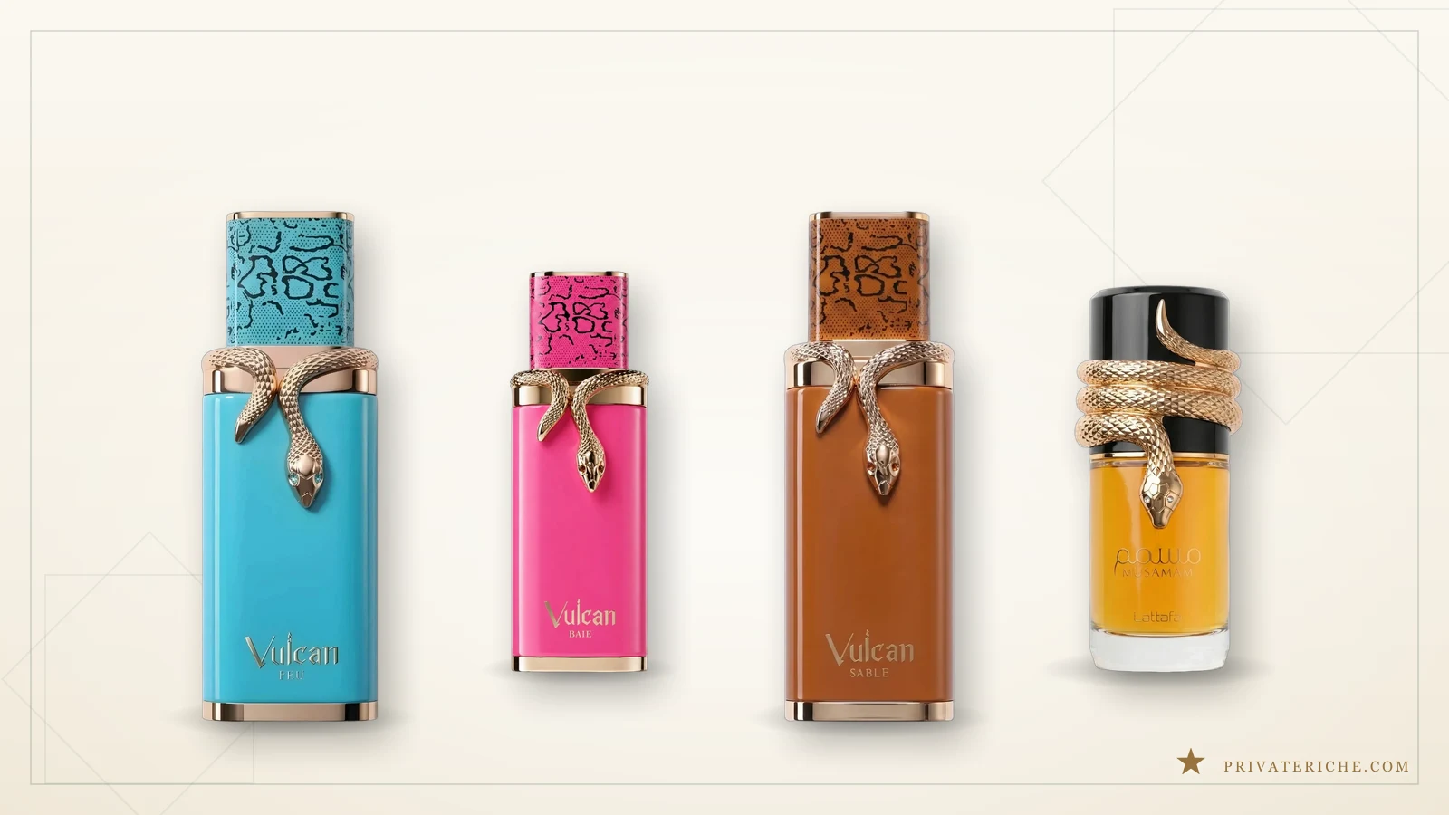 Los tres Vulcan de French Avenue, turquesa, fucsia y marrón con la serpiente dorada en el cuello, junto a Musamam de Lattafa con la serpiente enroscada en el tapón