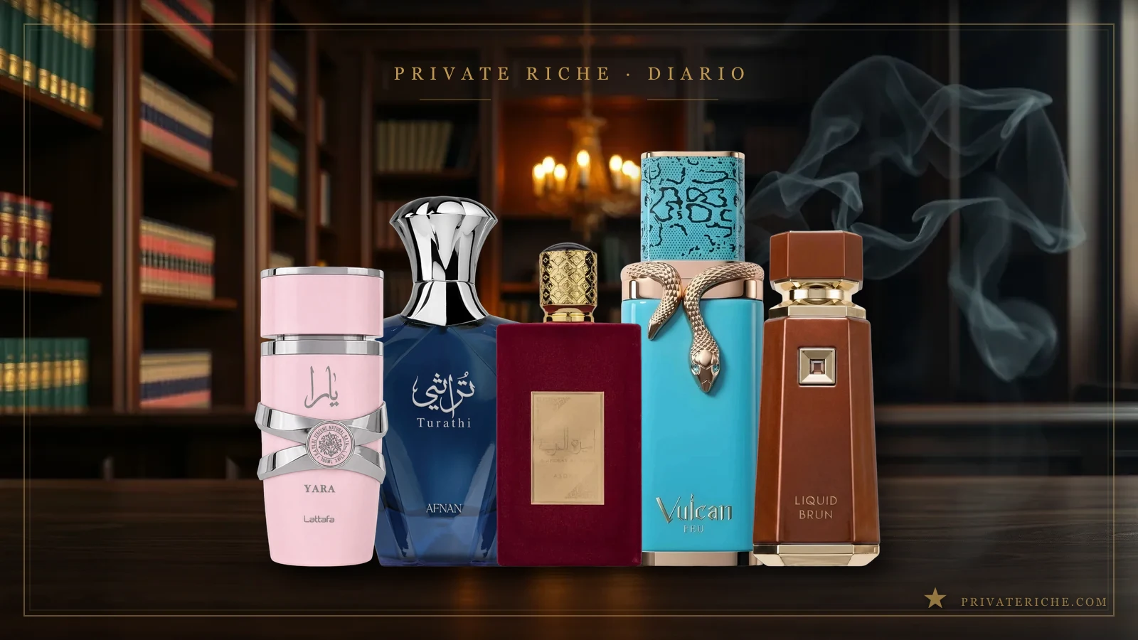 Cinco perfumes árabes de colores distintos: Yara rosa, Turathi Blue azul marino, Ameerat Al Arab granate, Vulcan Feu turquesa con serpiente y Liquid Brun marrón