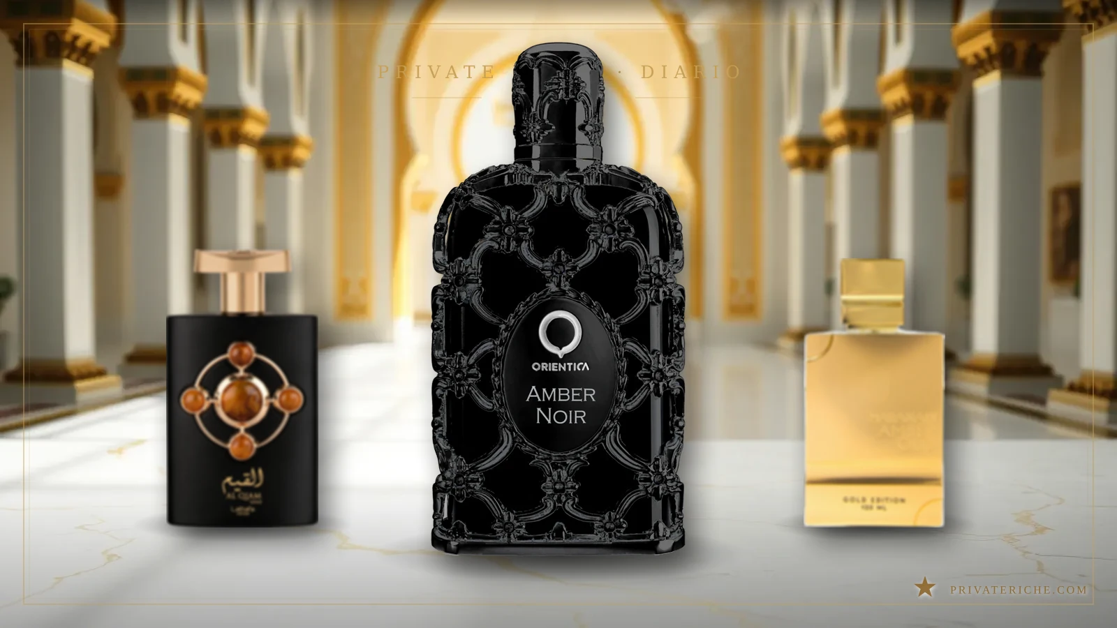Al Qiam Gold de Lattafa, Amber Noir de Orientica y Amber Oud Gold Edition de Al Haramain, tres de los perfumes árabes más caros de nuestro catálogo, sobre fondo dorado de perfumería árabe de lujo
