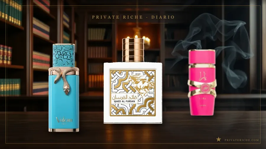 Los mejores perfumes árabes afrutados en 2026: Lattafa Qaed Al Fursan Unlimited, French Avenue Vulcan Feu y Lattafa Yara Candy, con piña, mango y frutos rojos, sobre una mesa de madera oscura con estanterías de libros y una vela encendida al fondo