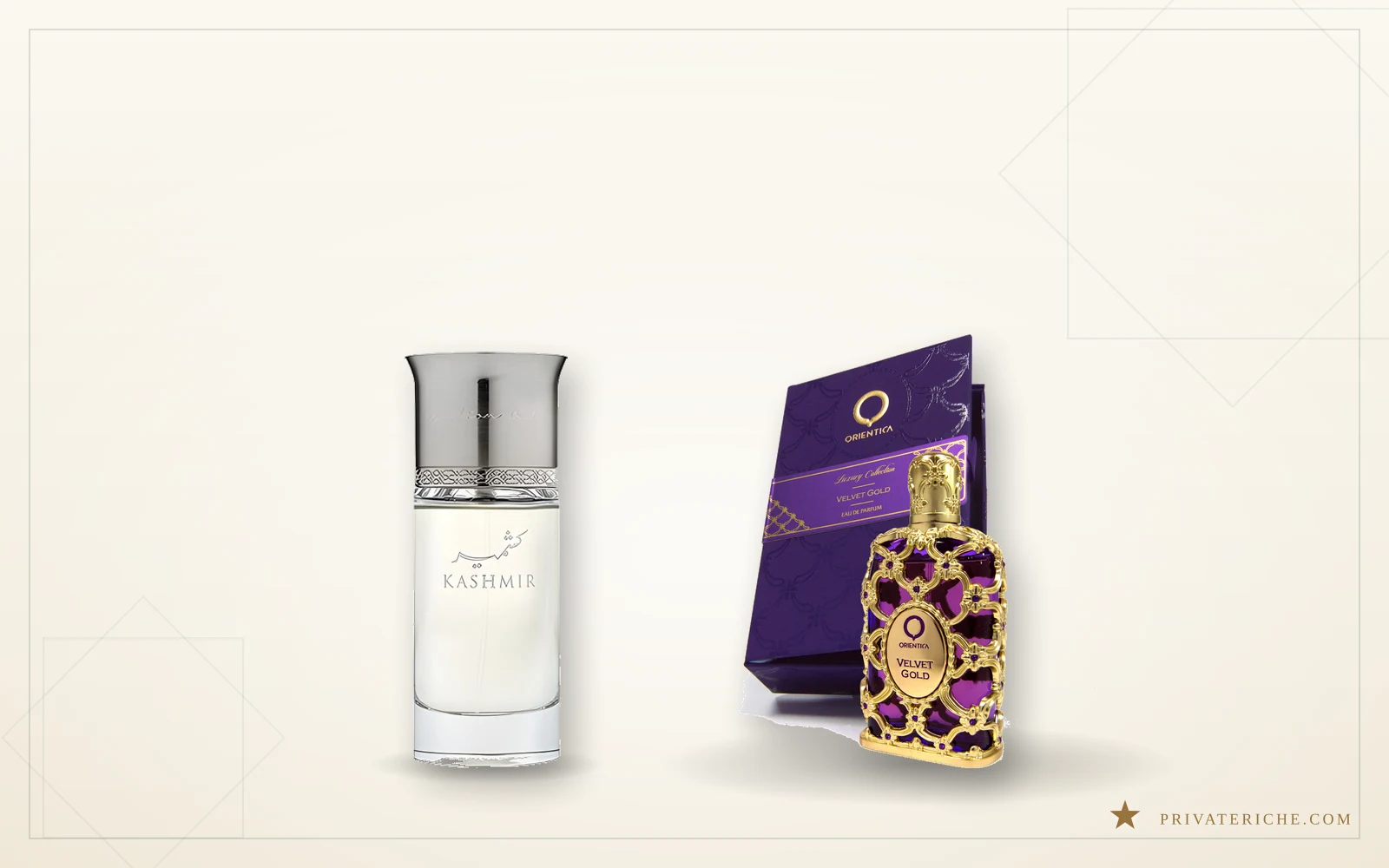 Arabian Oud Kashmiri y Orientica Velvet Gold, dos perfumes árabes con almizcle: uno afrutado y amaderado, otro animal y denso