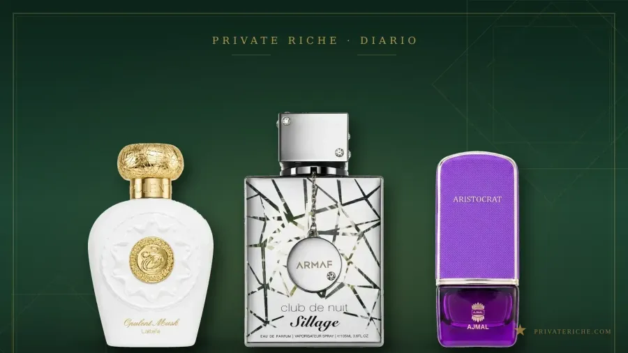 Los mejores perfumes árabes almizclados en 2026: Lattafa Opulent Musk, Armaf Club de Nuit Sillage y Ajmal Aristocrat, con almizcle blanco, fresco y amaderado, ante un fondo verde y dorado de perfumería árabe