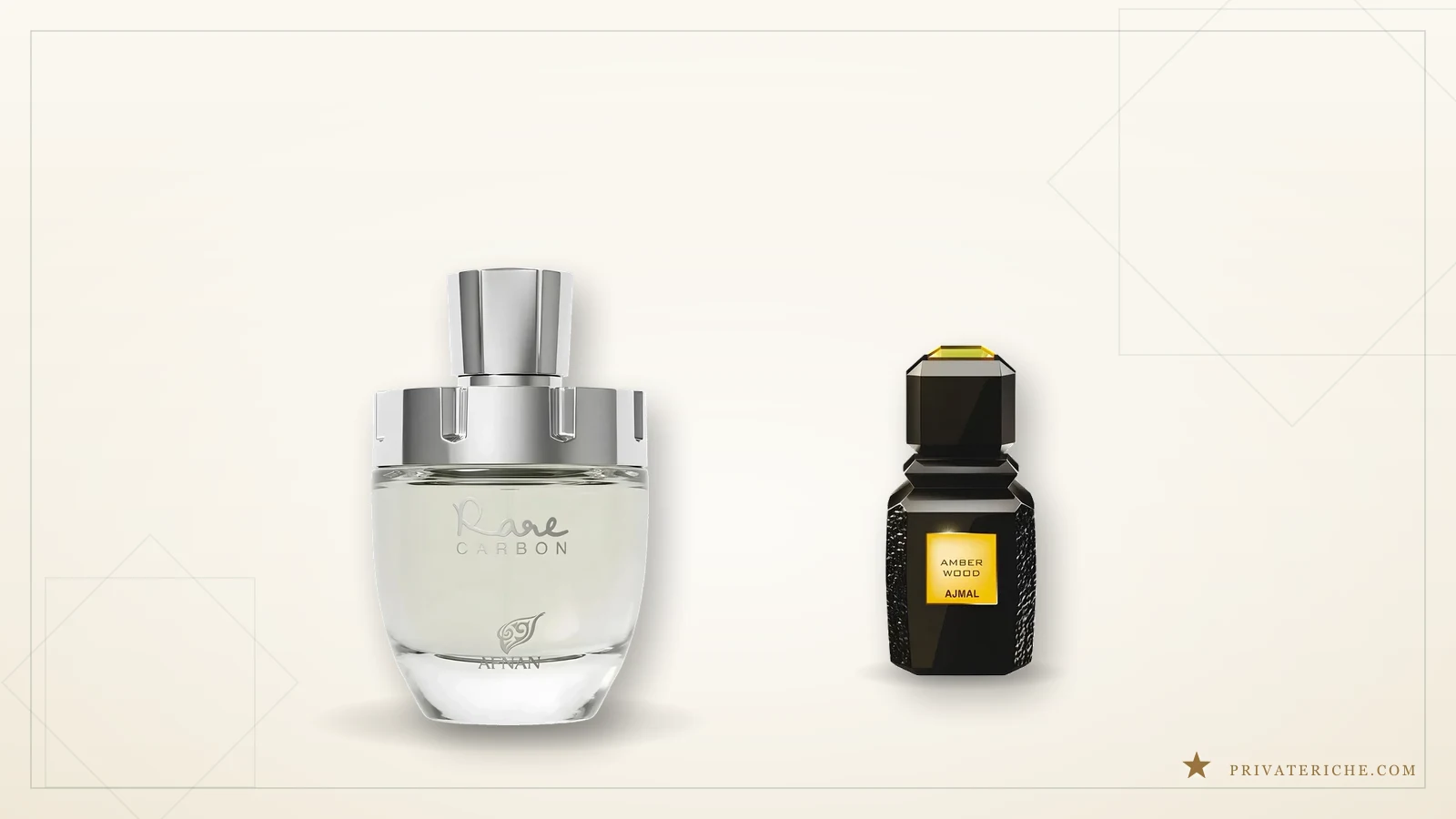 Afnan Rare Carbon y Ajmal Amber Wood, dos perfumes árabes amaderados unisex sobre fondo crema editorial