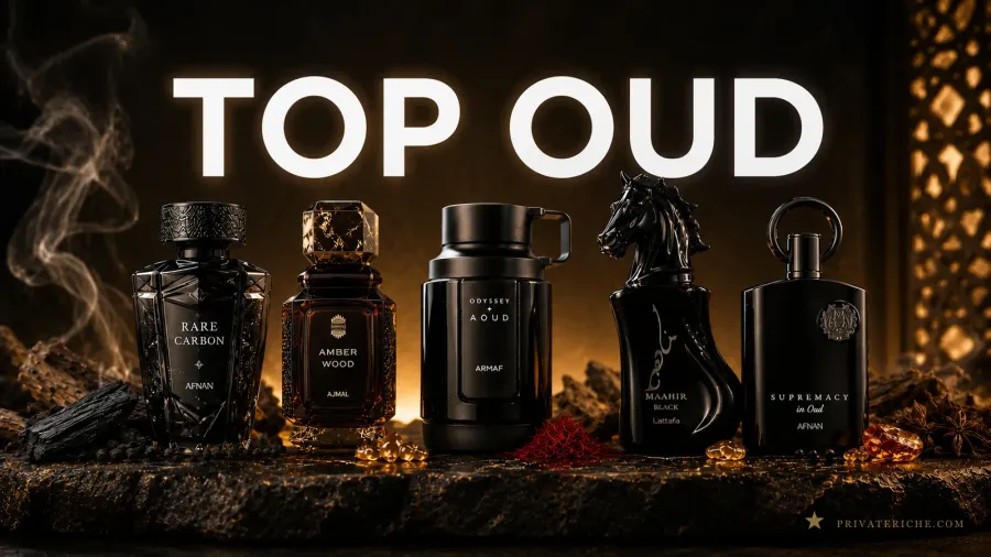 Los cinco perfumes árabes amaderados de la selección —Afnan Rare Carbon, Ajmal Amber Wood, Armaf Odyssey Aoud, Lattafa Maahir Black y Afnan Supremacy in Oud— sobre una base de carbón, especias y azafrán con ambientación cálida