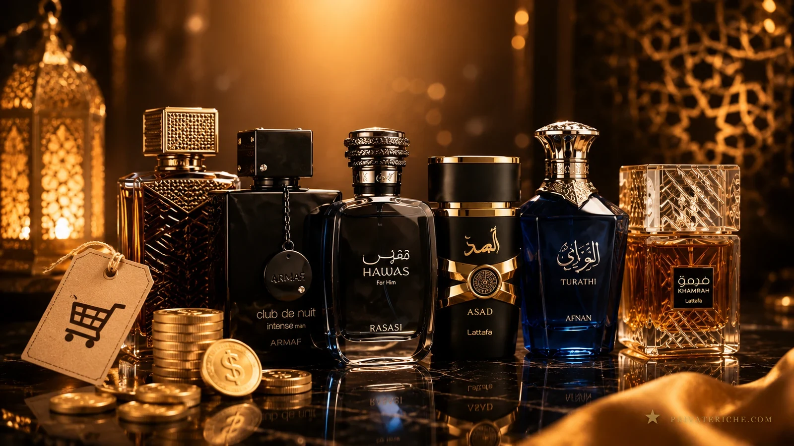 Perfumes árabes baratos que huelen caros: Club de Nuit Intense Man, Hawas, Asad, Turathi y Khamrah, con etiqueta de precio y monedas, sobre ambientación árabe dorada