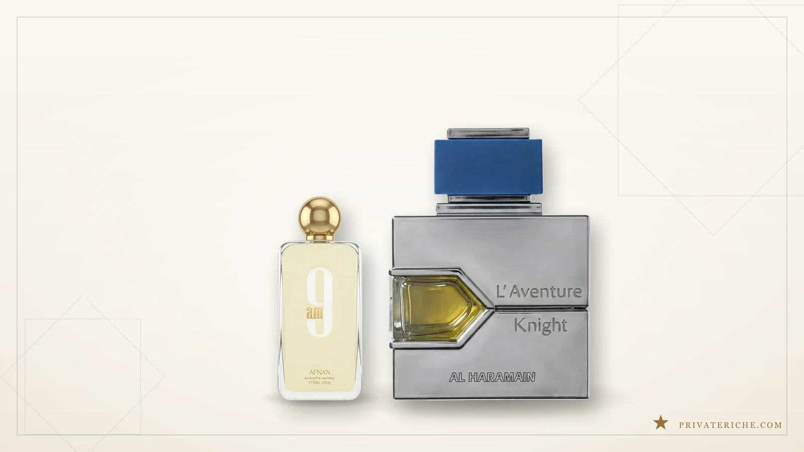 Afnan 9AM y Al Haramain L'Aventure Knight, dos perfumes árabes cítricos de salida clásica y de registro verde-polvoriento