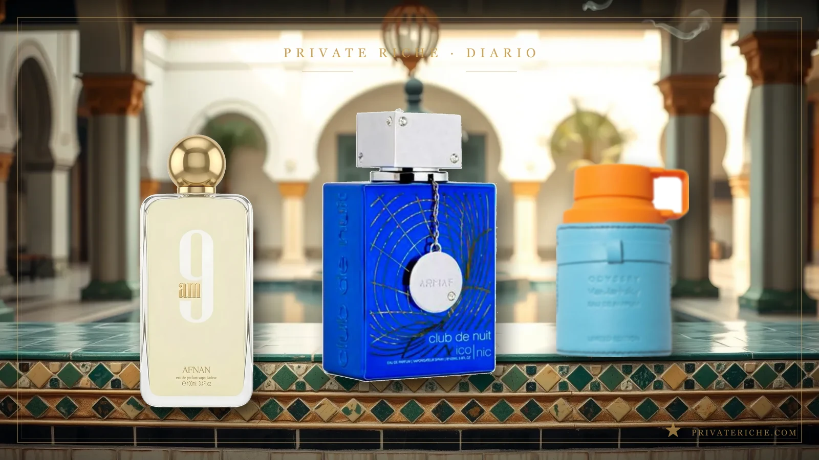 Los mejores perfumes árabes cítricos en 2026: Afnan 9AM, Armaf Club de Nuit Iconic y Odyssey Mandarin Sky, con limón, pomelo y mandarina, en un patio andalusí de azulejos verdes y dorados