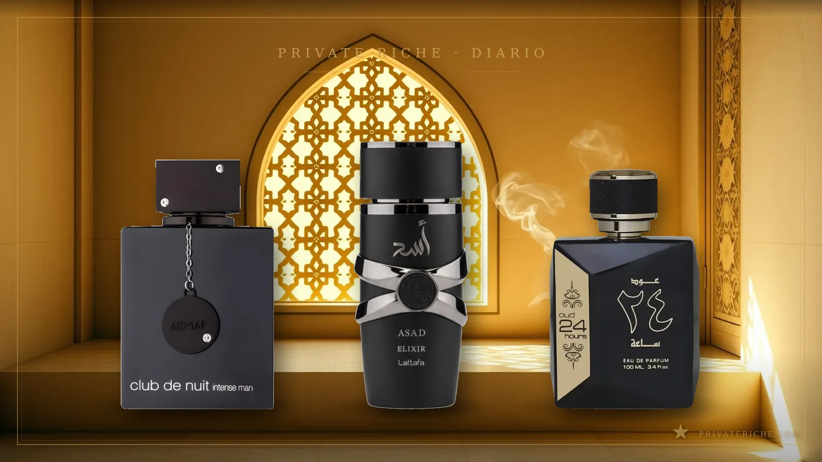 Armaf Club de Nuit Intense Man, Lattafa Asad Elixir y Oud 24 Hours de Ard Al Zaafaran, tres de los perfumes árabes con más estela del catálogo, sobre fondo verde y dorado de Private Riche